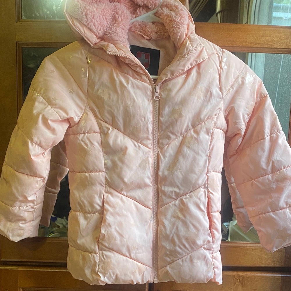 Swiss Tech Light Pink Kids XS Lined Puffer Jacket with Stars Fall Cozy Winter